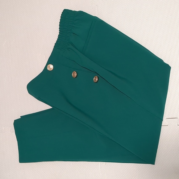 ZARA High Waisted Mariner Forest Green with Gold Buttons Pants - S - Picture 2 of 9